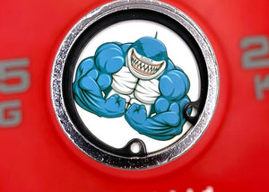Hero image of Shark Strength barbellEndCaps attached to barbell with red bumper plate