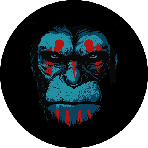 Warrior Ape  barbell end cap design of a blue face chimpanzee with black background and red war paint on face.
