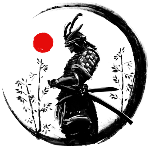 blood moon yasuke the black samurai barbellEndCap design. The design depicts an image of a black samurai standing side ways with his arms crossed above his waist. There is a white background with a red moon  a far distance away.  There is two black simple painted plants on both sides of the samurai  and a stroke of black painted semi circle wrapping around the back on the samurai.