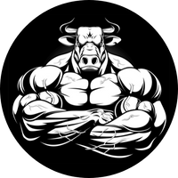 Bull strength barbellEndCaps design.  The design is circular shape with a black background and depicts a white colored bodybuilding bull with his arms crossed.  The bull has a tough  intimidating look and  it is staring straight at you.