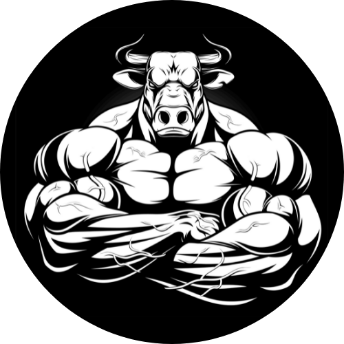 Bull strength barbellEndCaps design.  The design is circular shape with a black background and depicts a white colored bodybuilding bull with his arms crossed.  The bull has a tough  intimidating look and  it is staring straight at you.