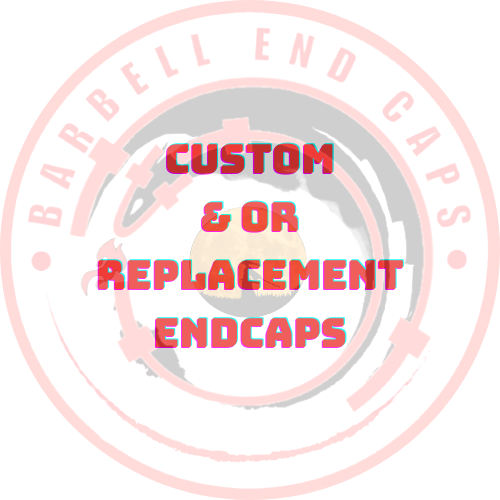 Custom Barbell end caps logo design. This design depicts a faded barbellEndCaps logo.  In the center of the design is a block letter highlighted red font that reads custom & or replacement end caps.