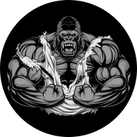 Gorilla strength barbell end caps design.  This end cap design is a circular shape with a black background that depicts a bodybuilding grey gorilla with a white shirt almost completely torn off of its body. The gorilla is starring straight with an aggressive look as it shows its teeth and flexes its muscles.   