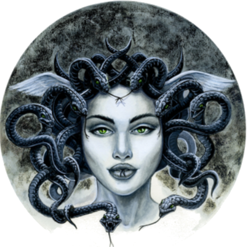 Killer Instinct Medusa barbell end caps design. This  end cap design depicts a very attractive looking female Medusa  face with beautiful green eyes, pale skin and dark grey blue colored snakes. The background is shades of black and white fog.  The bottom of the end cap design is slowly dissolving.