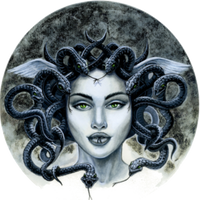 Killer Instinct Medusa barbell end caps design. This  end cap design depicts a very attractive looking female Medusa  face with beautiful green eyes, pale skin and dark grey blue colored snakes. The background is shades of black and white fog.  The bottom of the end cap design is slowly dissolving.