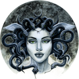 Killer Instinct Medusa barbell end caps design. This  end cap design depicts a very attractive looking female Medusa  face with beautiful green eyes, pale skin and dark grey blue colored snakes. The background is shades of black and white fog.  The bottom of the end cap design is slowly dissolving.