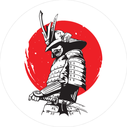 Miyamoto Musashi The Lone Samurai Barbell End Caps design.  This  circular end cap design depicts the side view of a samurai  with his sword on the side of his waist and his left hand on the handle of the sward. The color of the samurai is white with a black out line.  Behind the samurai is the red blood moon that covers most of his body.