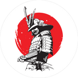 Miyamoto Musashi The Lone Samurai Barbell End Caps design.  This  circular end cap design depicts the side view of a samurai  with his sword on the side of his waist and his left hand on the handle of the sward. The color of the samurai is white with a black out line.  Behind the samurai is the red blood moon that covers most of his body.